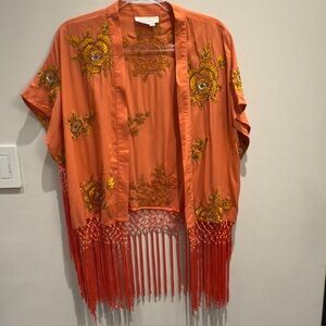 Anthropologie - Orange Embroidered Flower Fringe Vest One Size